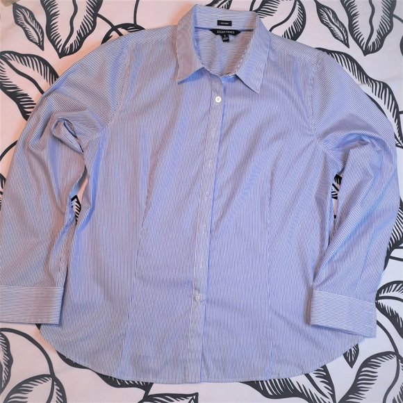 Ellen Tracy Blue & White Striped Button Up Size L - Picture 1 of 13